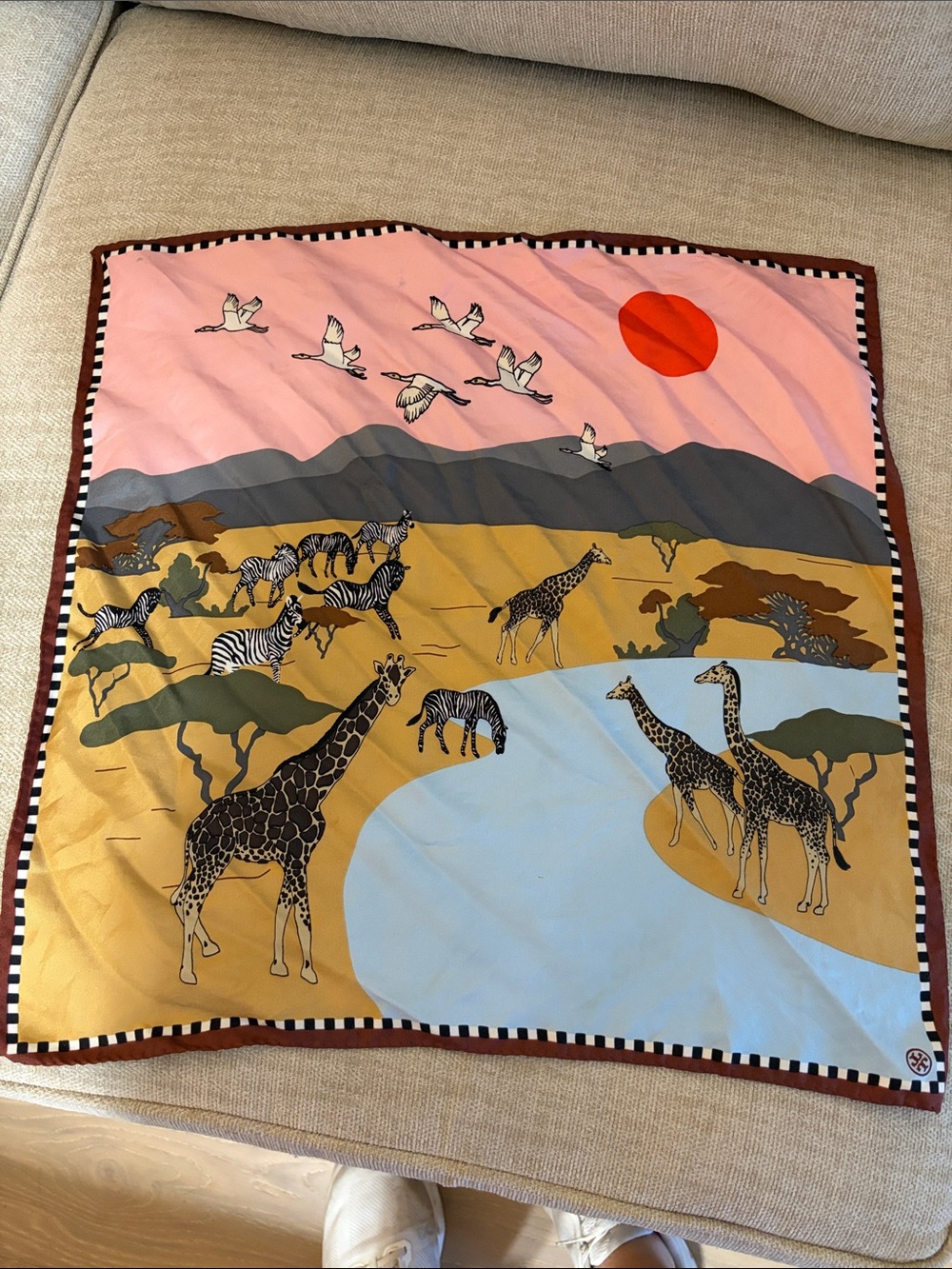 Tory Burch Silk Safari Print Decorative Scarf Pink, Blue, and Tan